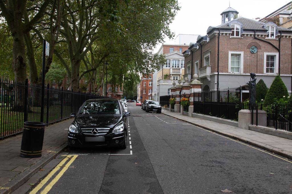 Looking south in Vincent Square. The rear of Rochester Row police station was to the right.