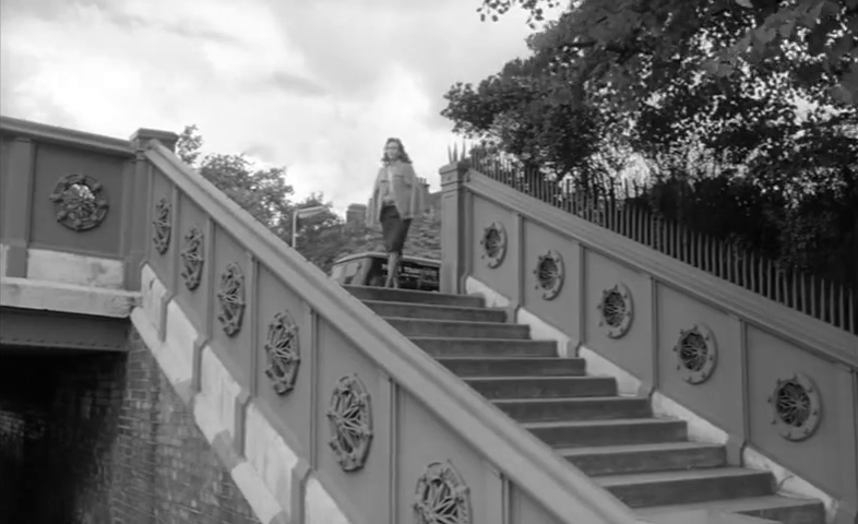 The steps down from Albert Bridge onto Chelsea Embankment. Circa 1960