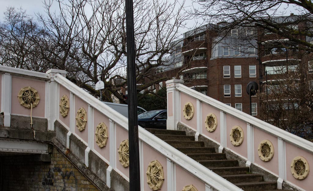 The steps down from Albert Bridge onto Chelsea Embankment.