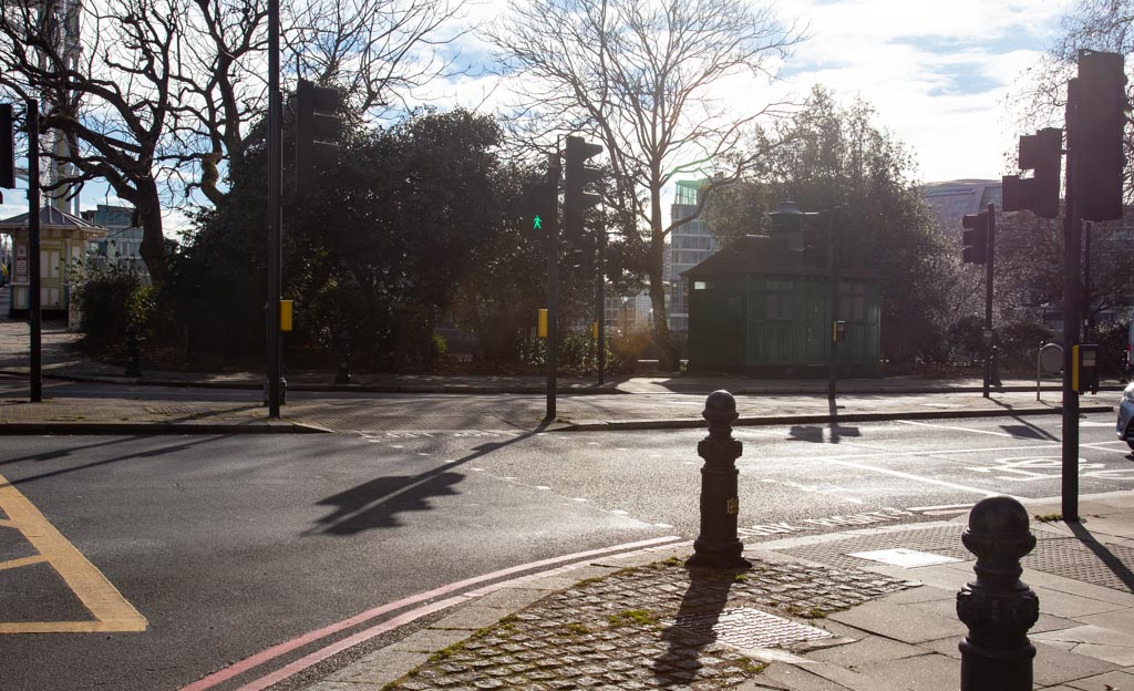 The junction of Chelsea Embankment, Cheyne Walk and Oakley Street with Albert Bridge just visible to the top left