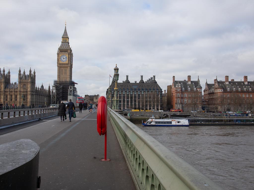 Facing west towards SW1 with the Houses of Parliament to the left and New Scotland Yard on the right.