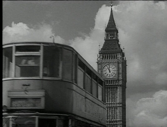 A tram on Westminster Bridge looking back to the 'Elizabeth Tower'. Circa 1941