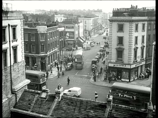 The junction of Vauxhall Bridge Road and Churton Street with Warwick Way running off to the right, London SW1 Circa 1958