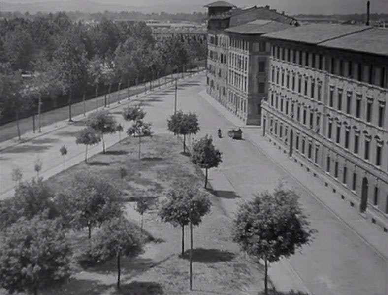 The rooftop view to the West across the Piazza della Costituzione, where Via XXIV (Ventiquattro) Maggio going off to the right. Circa 1946