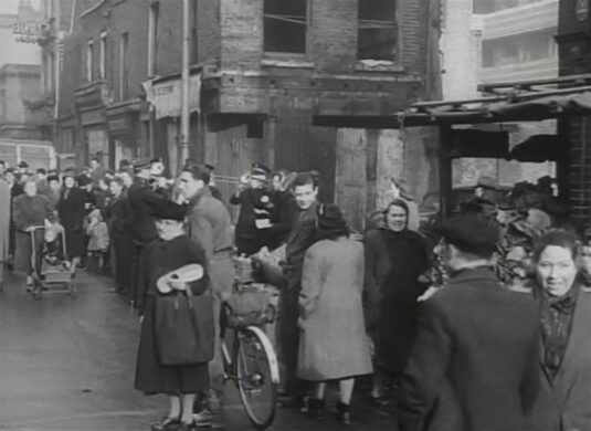 Watney Market, Watney Street, E1. Brinsley Street off to the right, Circa 1949