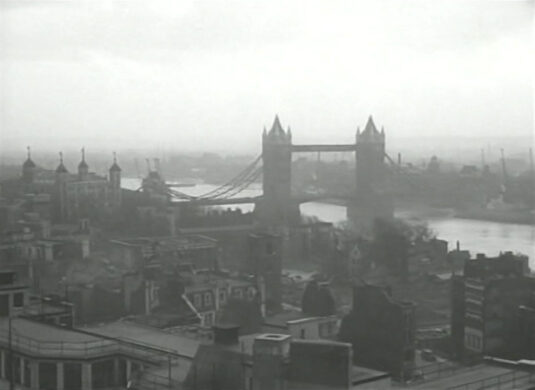 The roof tops of the City of London looking towards Tower Bridge. Circa 1949
