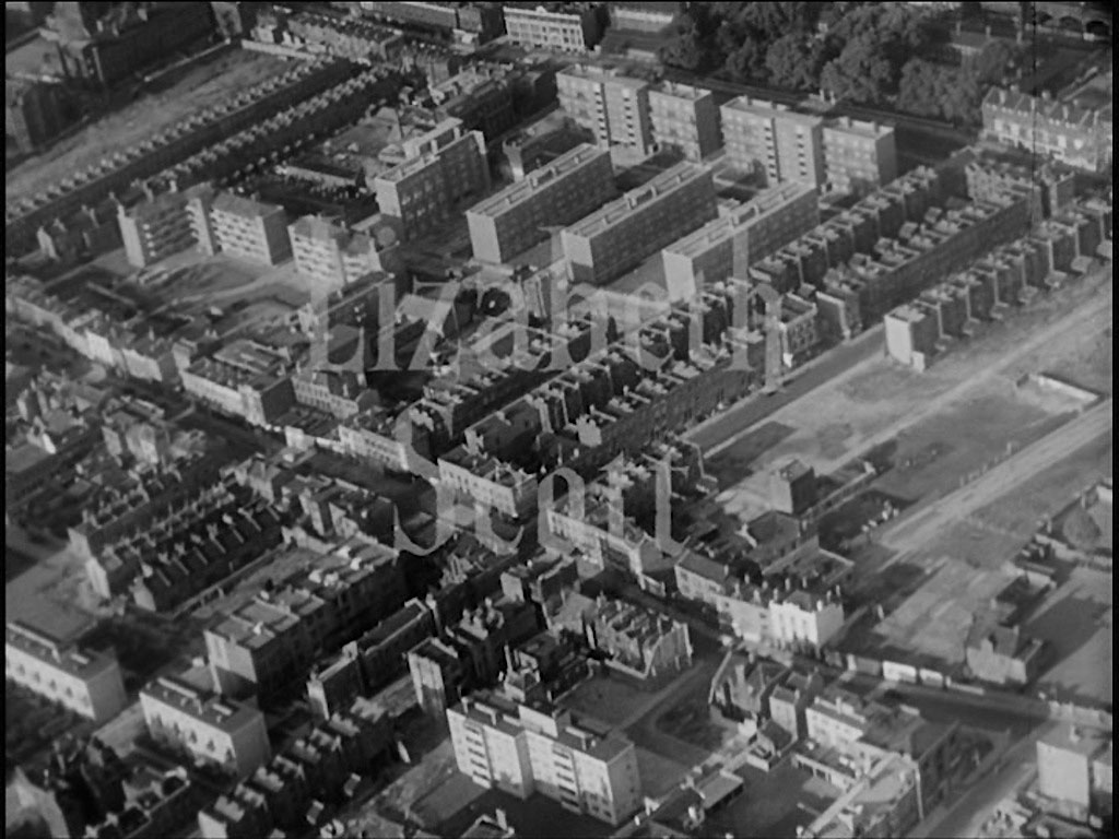 Aerial view of London. Trees, on the upper Capture edge, of the ‘Shoreditch Gardens’ situated on the lawns of the ‘Geffrey Museum of the Home’, Kingsland Road, E2 Circa 1956