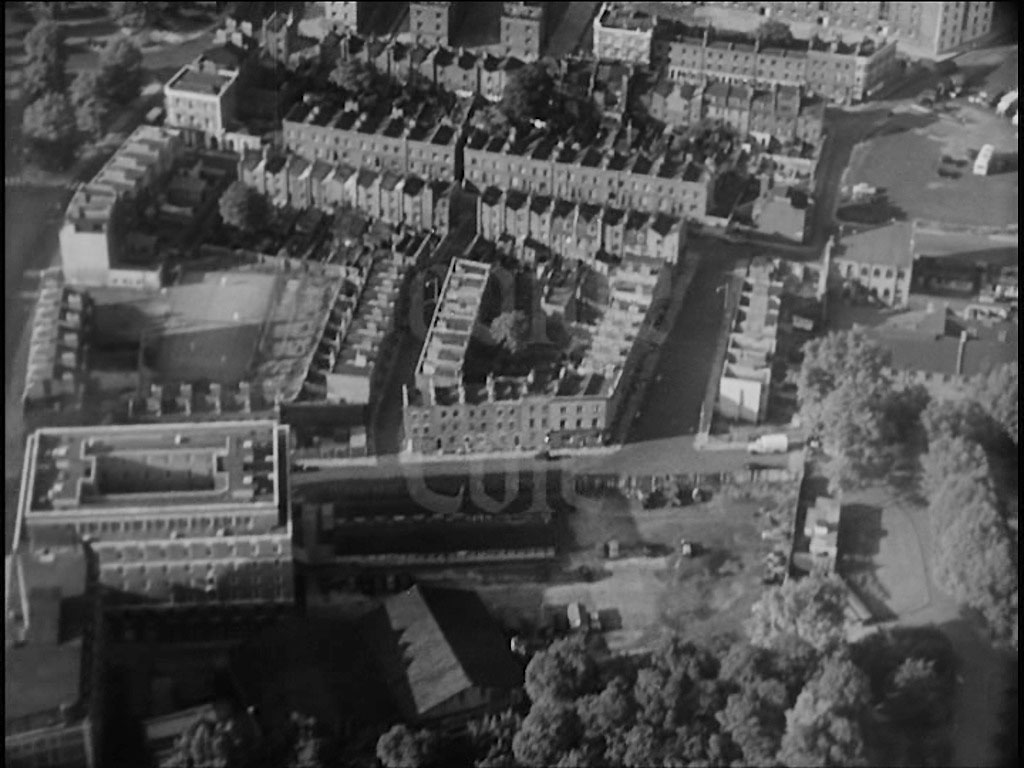 Aerial view of London. Whilst Lambeth Palace Road can be seen to the extreme left of the capture, additions to St. Thomas’ Hospital virtually occupies the whole of the remainder. Circa 1956