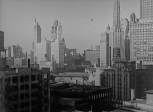 a skyline view of Chicago. Circa 1941