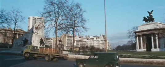 Hyde Park Corner, with Wellington Arch to right and the Hilton hotel Circa 1966