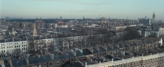 A view over London showing the spire of Christ Church, Kensington, then Cornwall Gardens and at the front Emperor's Gate. Circa 1966