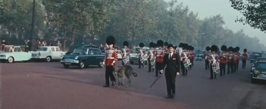 Irish Guards marching down The Mall to Buckingham Palace. Circa 1966