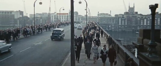 London Bridge looking south with the tower of Southwark Cathedral to the right hand background. Circa 1966