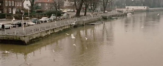 The Embankment, Twickenham, Bell Lane junction top left hand corner of capture, as seen from Eel Pie Island bridge. Circa 1966
