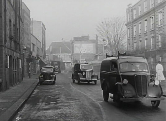 Vanston Place, London SW6 looking west with what was the Granville theatre to the left and what remains as ‘Samuel Lewis Trust Buildings’ to the right. Circa 1952