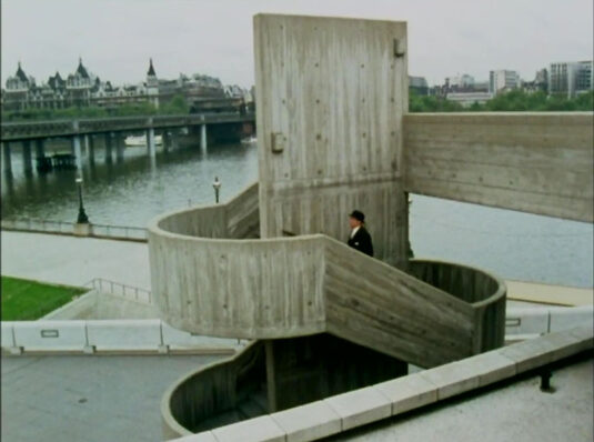 A staircase to what is now Roof Garden Café and Bar and the view to Hungerford Bridge and beyond. Circa 1968