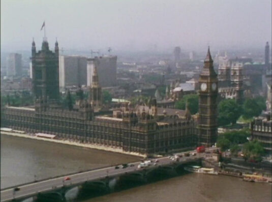 A view of the Houses of Parliament, Westminster Bridge and beyond. Circa 1968