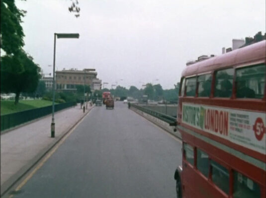 Knightsbridge travelling east with Apsley House and Hyde Park seen to the left.