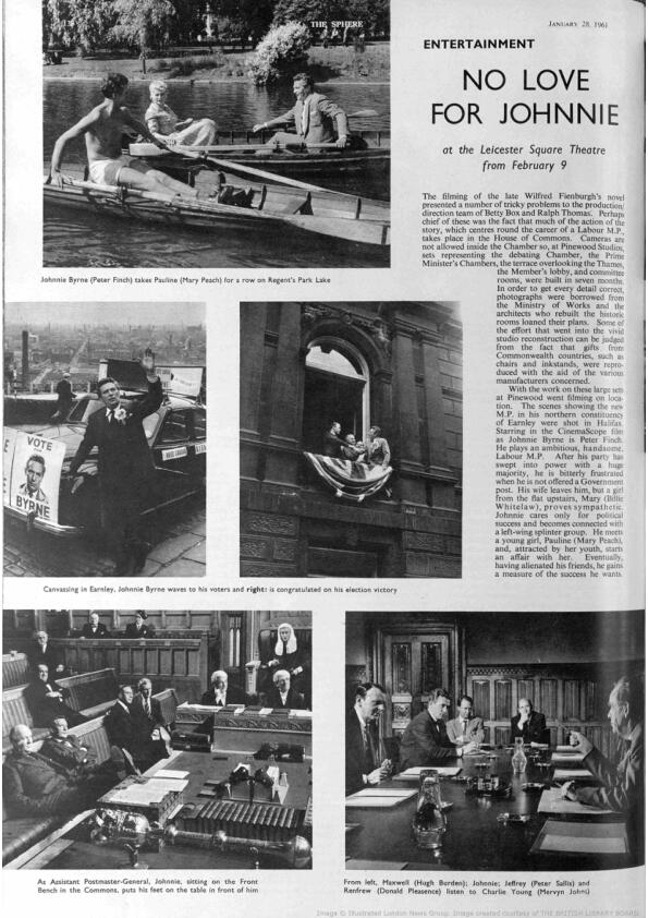 Article in The Sphere 28/1/1961 covering the filming of No Love for Johnnie.