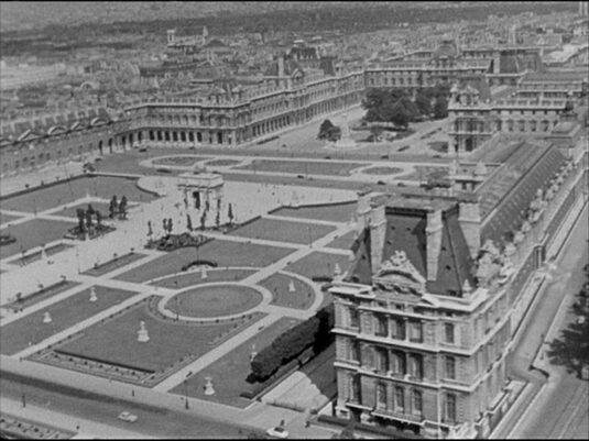 An aerial view of the Louvre Museum Circa 1960