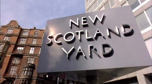 New Scotland Yard when it was located in Broadway, SW1 with St Ermins Hotel on the corner with Caxton Street in the background. Circa 1978