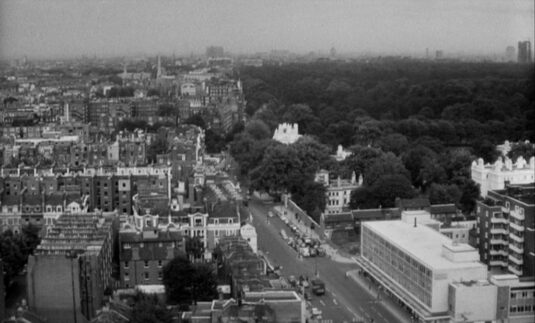 Aerialview of Notting Hill Gate looking east. Circa 1962