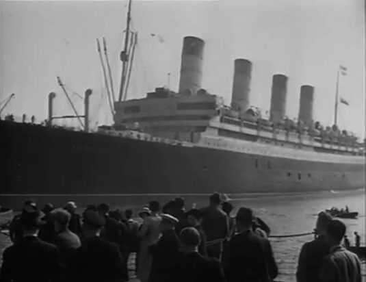 The docking of a liner at Southampton. Circa 1936