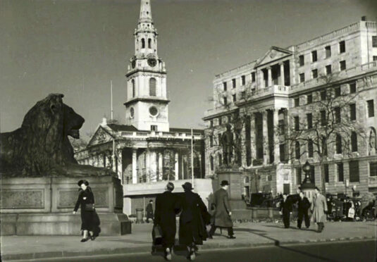 St Martin-in-the-Fields and South Africa House. Trafalgar Square Circa 1942