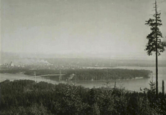 A general view south of Vancouver, Canada showing the Lions Gate Bridge. Circa 1942