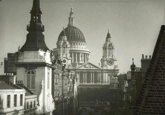 An unusually high view up Ludgate Hill to St. Paul’s Cathedral Circa 1942