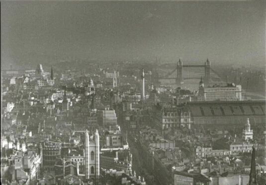 A view across the City of London towards Tower Bridge. Circa 1942