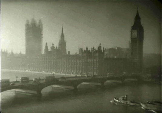 The Houses of Parliament and Westminster Bridge. Circa 1942