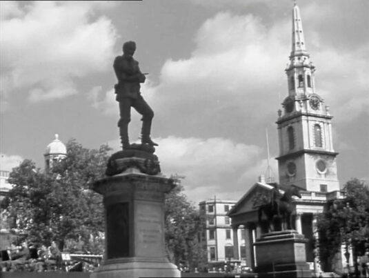 The statue of General Charles Gordon in the foreground was removed in 1943 and is now sighted on the Victoria Embankment. Circa 1942