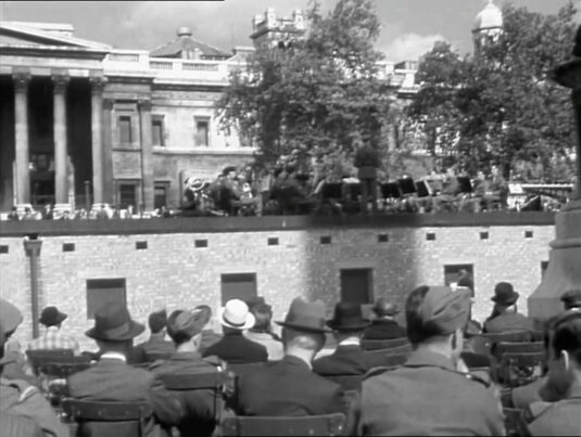 Trafalgar Square with the National Gallery in the background. Circa 1942