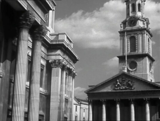 The front of the National Gallery looking across to St Martin-in-the Fields Circa 1942