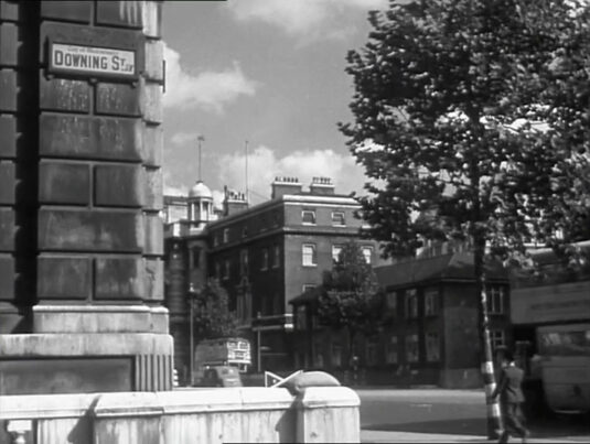 The corner of Downing Street looking north up Whitehall. Circa 1942