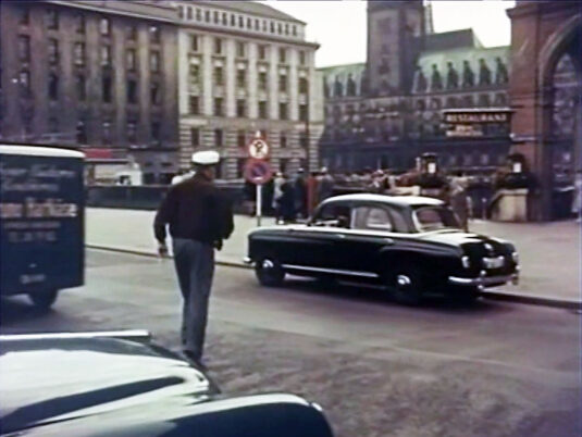 Rathausmarkt with Hamburg Town Hall in the far background. Circa 1955