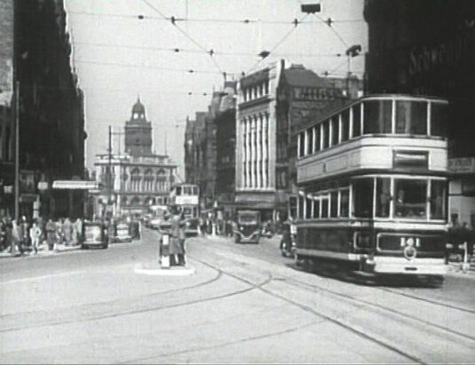 Fargate, S1 looking north towards the former Sheffield Telegraph and Star Building. Circa 1942