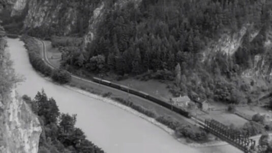 Imst gorge approaching the box girder bridge across river Pitze. Circa 1955