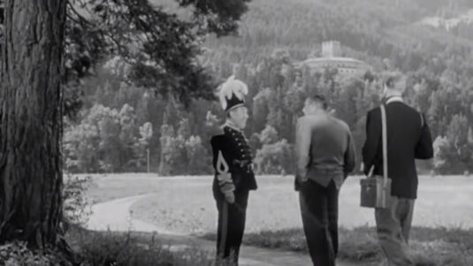 The view south from the edge of Silz Forest shows again Burg St. Petersberg in the far background. Circa 1955