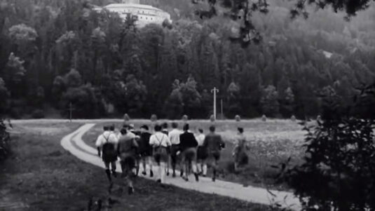 The edge of Silz Forest, with Burg St. Petersberg in the far background. Circa 1955