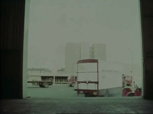 Looking north towards Kedge House [Tower Block], Tiller Road, E14 with background left, Alexander House that still survives. Circa 1970