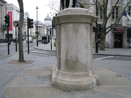 The corner of Cockspur Street and Pall Mall East, London SW1 with the statue of King George lll.